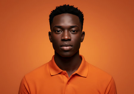 A headshot of a young Black man wearing an orange polo shirt, looking directly at the camera with a neutral expression.の素材