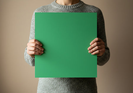 A person in a grey sweater holds a blank green cardboard sign. Use this for your message or advertisement.の素材