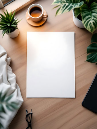 A clean and organized desk setup featuring a blank square paper, coffee, plants, and reading glasses.の素材