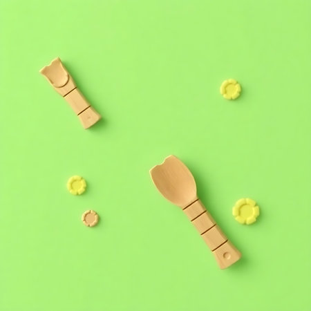 A flat lay of wooden baby spoons and forks scattered with small yellow and pink beads on a vibrant green surface.の素材