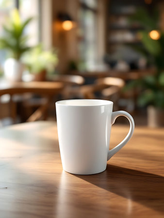 A white ceramic coffee cup rests on a rustic wooden surface, bathed in soft, warm sunlight.  Cozy cafe ambiance.の素材