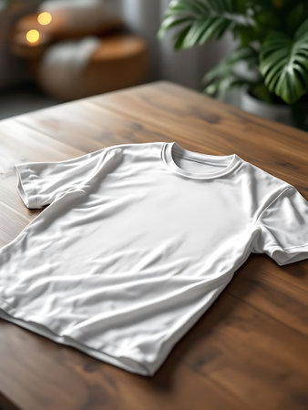 A clean, crisp white t-shirt is displayed on a rustic wooden surface, ready for customization or everyday wear.の素材