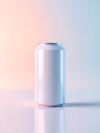 A clean, white aluminum drink container is showcased against a softly lit pastel background, highlighting its simple form.の素材