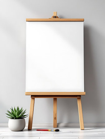 A clean white canvas stands ready for creation on a rustic wooden easel, accompanied by a small succulent and art tools.の素材