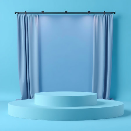 A serene blue stage with draped curtains and a multi-level display podium, perfect for product showcases.の素材