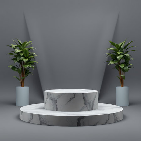 A minimalist scene featuring a two-tiered marble pedestal, flanked by potted plants, with dramatic lighting.の素材