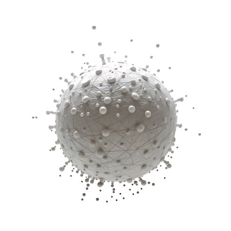 A detailed 3D rendering of a virus showing its complex structure and surface protrusions against a white background.の素材