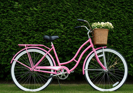 A charming pink cruiser bicycle with a woven basket filled with flowers, parked in front of a lush green hedge.の素材