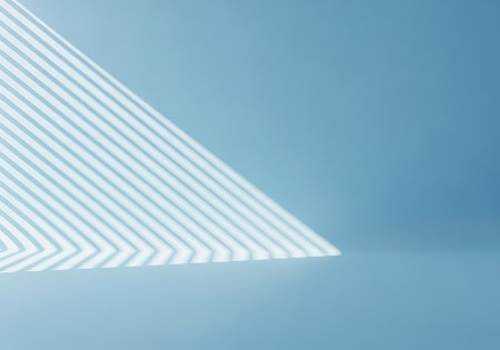 Abstract pattern of diagonal light stripes casting shadows on a soft blue surface, creating a minimalist and modern aesthetic.の素材