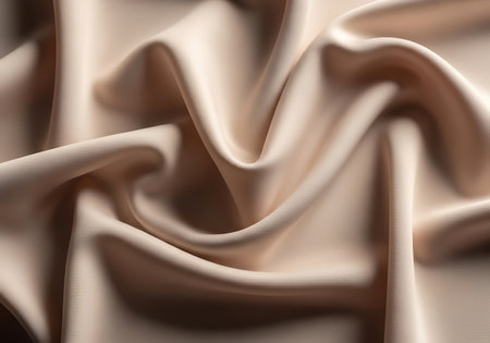 Close-up view of a smooth, draped textile in delicate beige and taupe shades, showcasing its soft texture and graceful folds.の素材