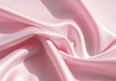 Luxurious flowing pink silk textile with smooth, elegant folds and subtle light reflections, creating a delicate and soft texture.の素材