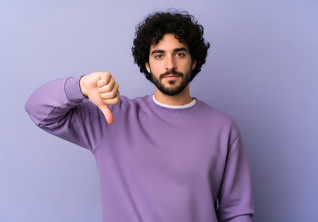 A young man with a beard and curly hair expresses disapproval with a thumbs down gesture against a purple background.の素材