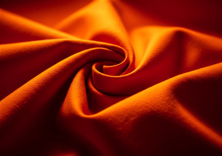 A close-up abstract view of rich, flowing fabric in warm, intense hues of red and orange, creating a dynamic spiral pattern.の素材