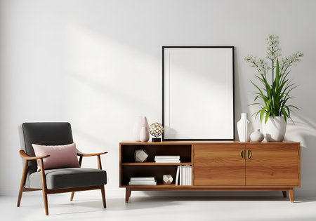 A stylish living room setup featuring a comfortable armchair, a wooden credenza, and a blank framed picture on a wall.の素材