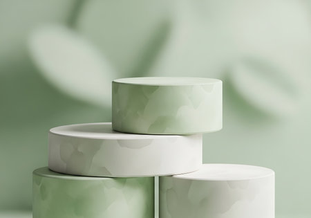 A clean, modern display stand with stacked cylindrical platforms in muted green and cream tones, featuring subtle leaf shadows.の素材