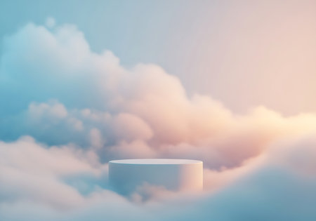A minimalist cylindrical platform rests serenely amidst soft, swirling clouds in a pastel sky.の素材