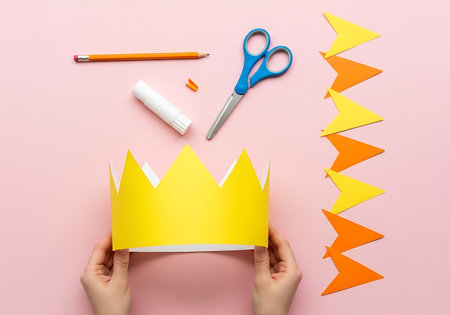 A child's hands hold a yellow paper crown. Scissors, glue, and paper shapes are laid out for crafting.の素材