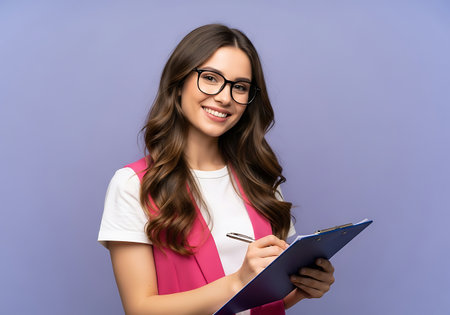 A cheerful young woman with long brown hair and glasses is writing on a clipboard, looking at the camera with a bright smile.の素材
