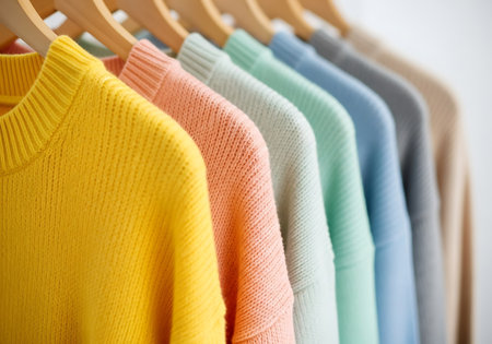 Colorful sweaters on hangers, closeup. Fashionable clothesの素材