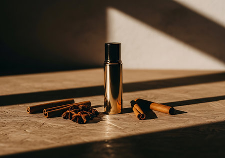 A luxurious golden perfume rollerball sits on a wooden surface surrounded by cinnamon sticks and aromatic spices, illuminated by warm sunlight.の素材