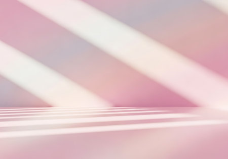 A minimalist interior with soft pink walls and floor, illuminated by diagonal light and shadow patterns.の素材