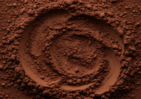 A detailed overhead view of a swirling pattern etched into a pile of dark, granular cocoa powder.の素材