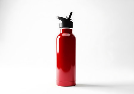 A vibrant red, metallic water bottle featuring a convenient black straw lid, isolated on a clean white background.の素材
