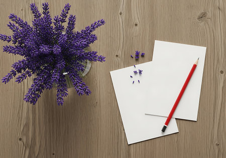 A top down view of a bouquet of purple lavender, two sheets of blank paper, and a red pencil on a rustic wooden table.の素材