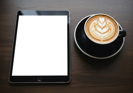 A blank screen tablet sits next to a steaming hot coffee with intricate latte art, perfect for work or relaxation.の素材