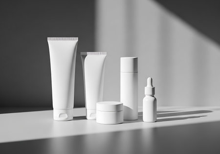 A collection of white cosmetic tubes and jars displayed on a surface with striking diagonal light and shadow patterns.の素材