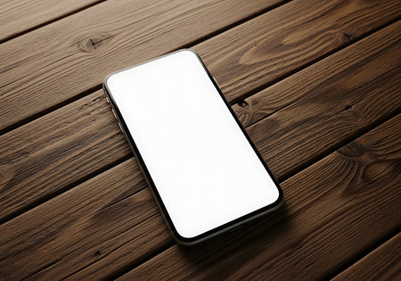 A sleek mobile device displays a bright white screen, positioned diagonally on weathered wood planks.の素材