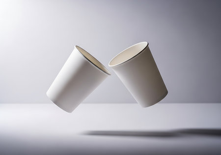 A minimalist studio shot of two empty white paper cups suspended mid-air, casting subtle shadows.の素材