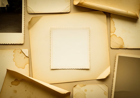 A close-up view of vintage papers, including photographs and rolled documents, showing signs of age and wear.の素材