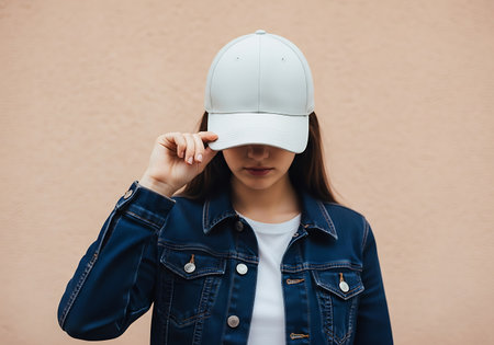 A stylish young woman poses in a denim jacket and a white cap, obscuring her face. Casual fashion portrait.の素材