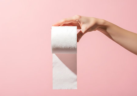 A person's hand delicately holds a roll of toilet paper. The background is a soft, solid pink color.の素材