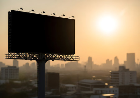 A large, empty advertising board stands tall against a warm, hazy urban backdrop during the golden hour.の素材