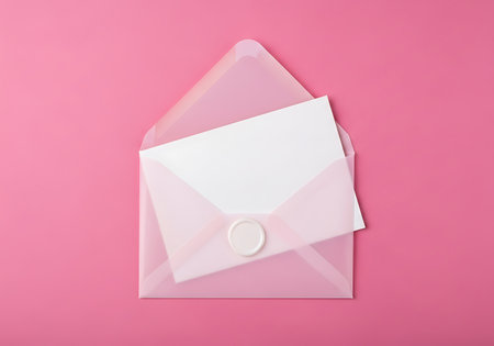 A translucent envelope holds a blank white card, presented against a vibrant pink backdrop.の素材