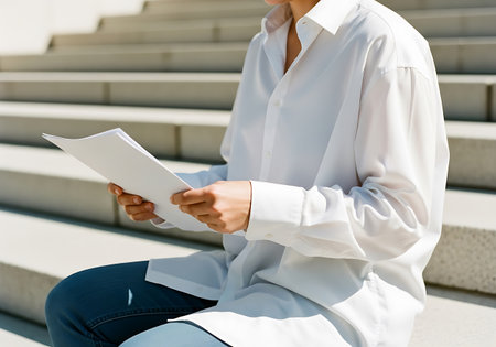 A person sits on concrete steps, wearing a white button-down shirt and dark pants, engrossed in reading a paper document.の素材