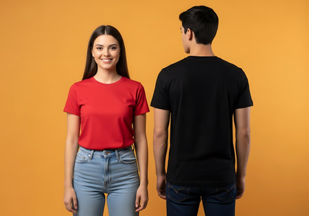 A smiling woman in a red t-shirt and jeans stands beside a man in a black t-shirt against an orange backdrop.の素材