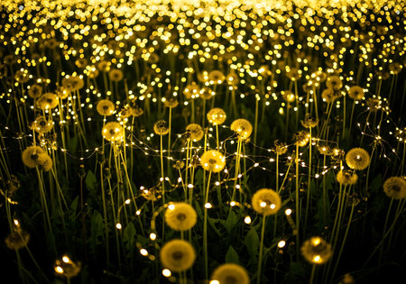 A surreal landscape filled with glowing orbs resembling dandelions illuminated by soft, warm lights.の素材