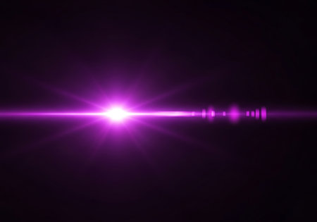 A bright, glowing purple lens flare emanates horizontally across a deep black backdrop, creating a dynamic visual effect.の素材