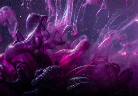 Vibrant purple ink dissolves and swirls, creating ethereal tendrils and abstract shapes in a dark liquid.の素材