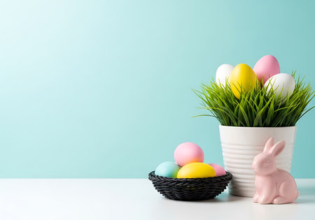 A festive arrangement featuring painted eggs in a basket and a decorative bunny beside a potted plant with Easter eggs.の素材