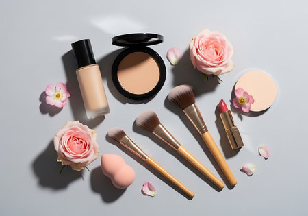 A flat lay arrangement of cosmetic products, including foundation, powder, lipstick, and brushes, accented by delicate pink roses.の素材