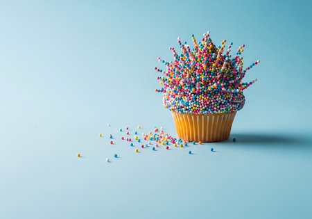 A delightful cupcake adorned with a generous amount of colorful sprinkles, creating a festive and celebratory feel. Scattered sprinkles add to the whimsical charm.の素材