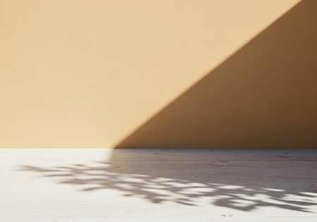 A clean, modern studio backdrop with a prominent diagonal shadow and delicate leaf pattern cast on the floor.の素材