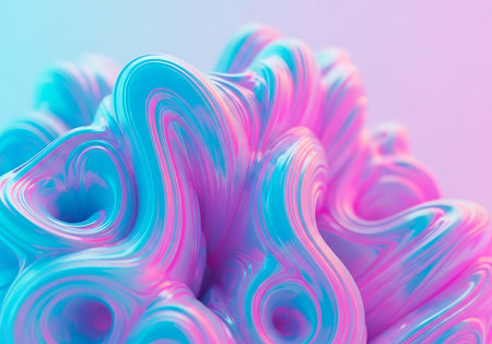 A close-up, macro view of a vibrant, fluid-like abstract form with swirling textures in pink and blue.の素材