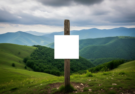 A wooden signpost with a blank white sign stands prominently against a backdrop of rolling green hills and majestic mountains.の素材