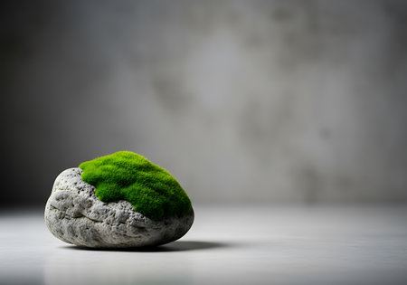 A single rock with lush green moss growing on its surface sits on a smooth, reflective surface against a textured backdrop.の素材