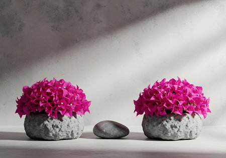 Two grey concrete planters with lush pink floral arrangements sit on a surface, with a smooth grey stone between them.の素材
